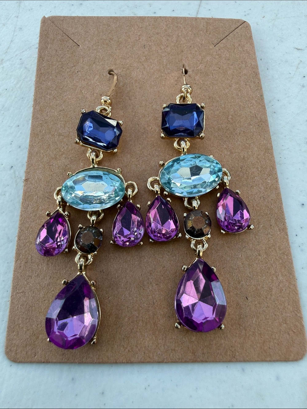 Gold-Tone Multi Stone Drop Earrings - Purple & Aqua